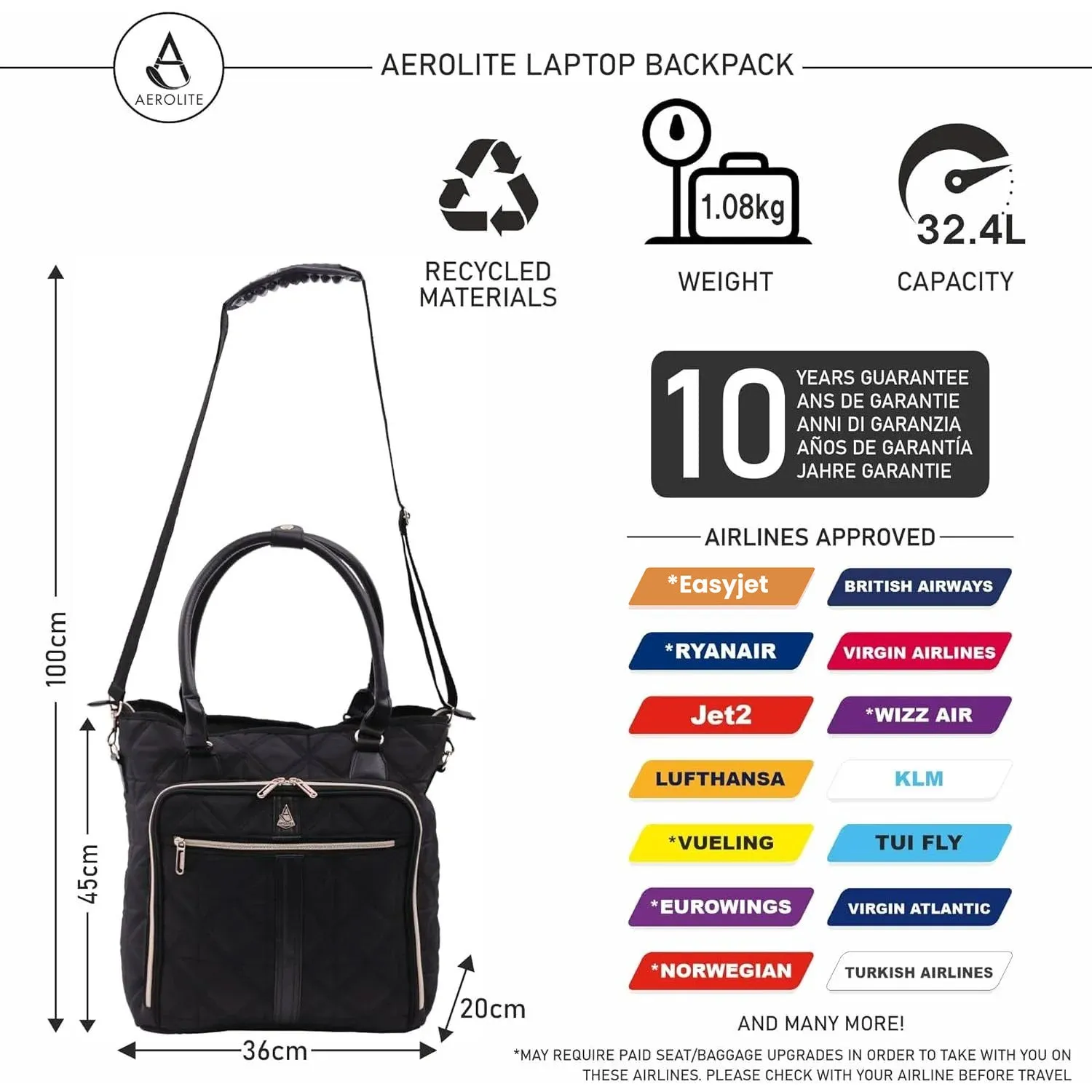 Aerolite 16.5” Quilted Ladies Laptop Bag – Elegant Travel Tote, Carry-On Hand Luggage, 45x36x20cm, Padded Shoulder Strap, USB Port & 10-Year Warranty