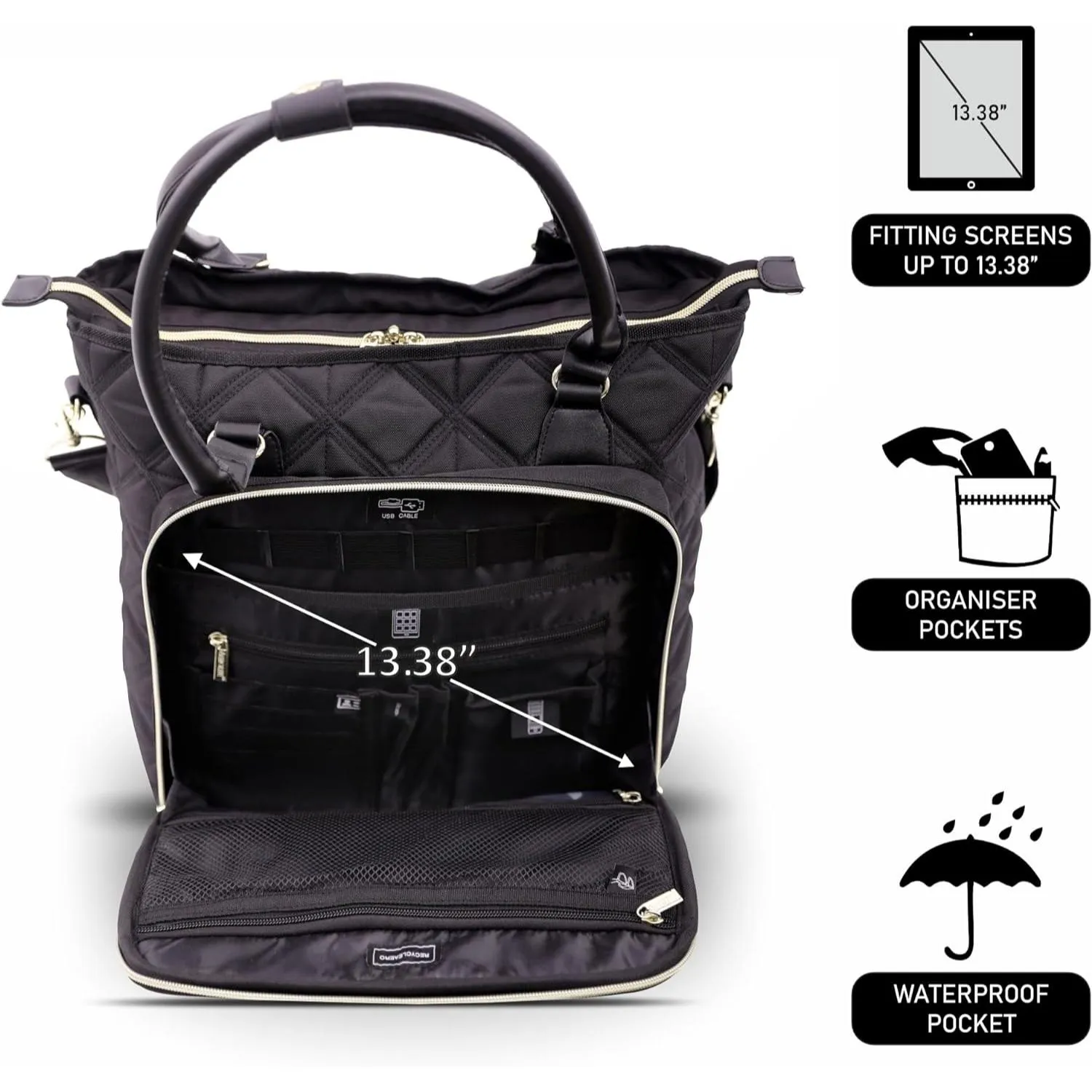 Aerolite 16.5” Quilted Ladies Laptop Bag – Elegant Travel Tote, Carry-On Hand Luggage, 45x36x20cm, Padded Shoulder Strap, USB Port & 10-Year Warranty