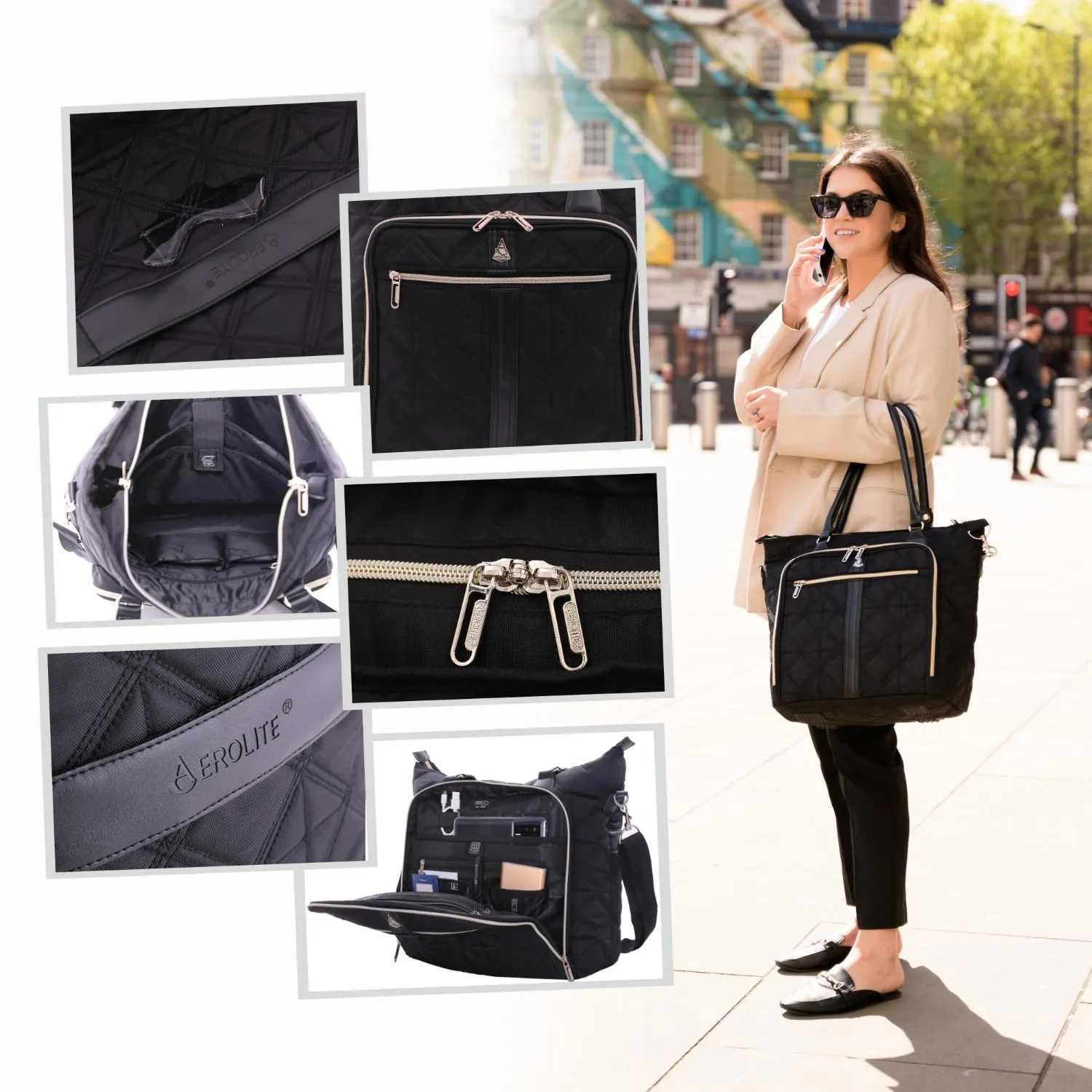 Aerolite 16.5” Quilted Ladies Laptop Bag – Elegant Travel Tote, Carry-On Hand Luggage, 45x36x20cm, Padded Shoulder Strap, USB Port & 10-Year Warranty