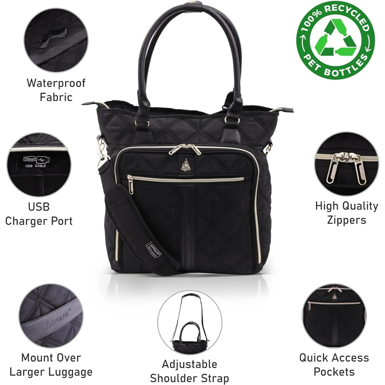 Aerolite 16.5” Quilted Ladies Laptop Bag – Elegant Travel Tote, Carry-On Hand Luggage, 45x36x20cm, Padded Shoulder Strap, USB Port & 10-Year Warranty