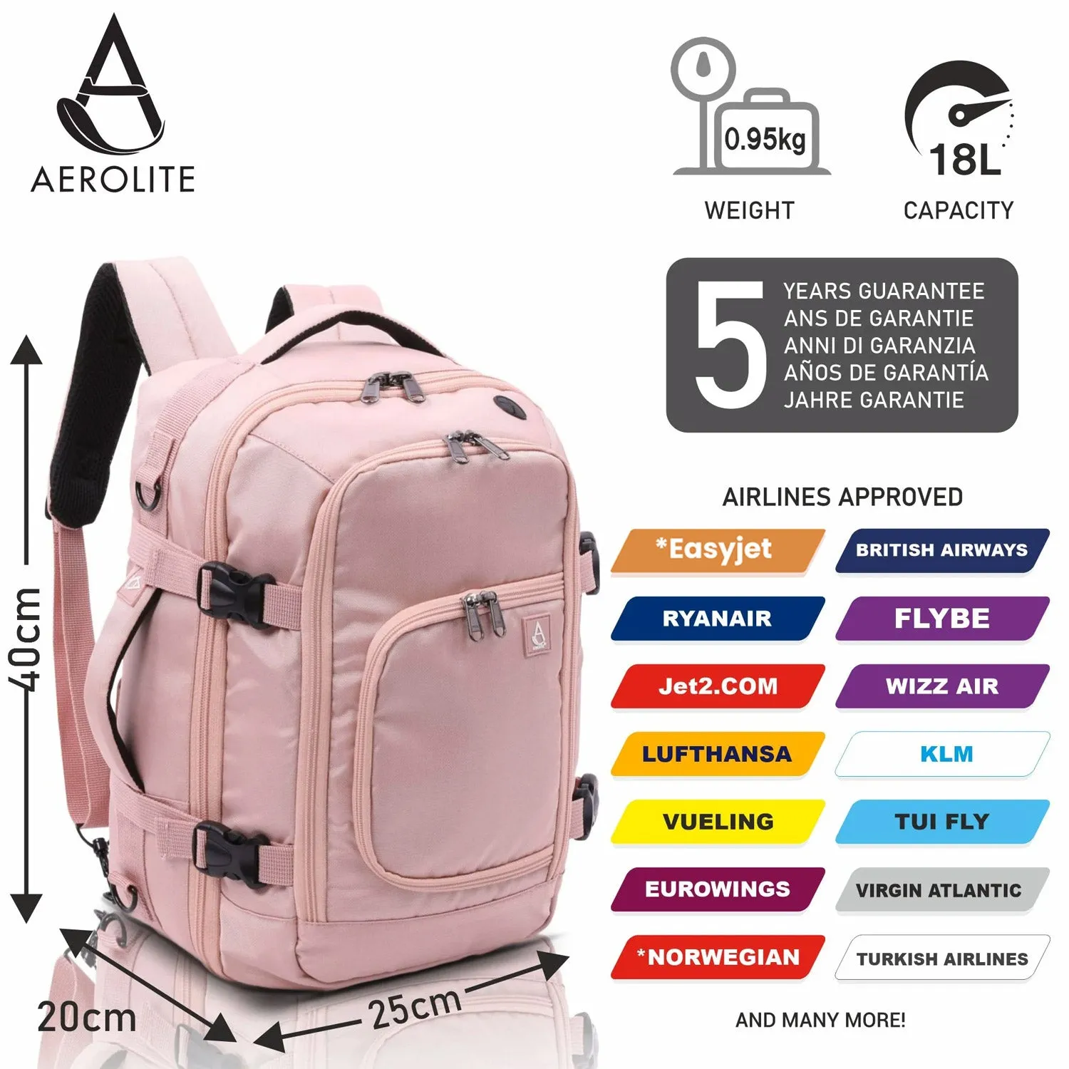 Aerolite (40x20x25cm) Ryanair Maximum Cabin Size Backpack/Rucksack with YKK Zippers, Built-in USB Charging Port, Black