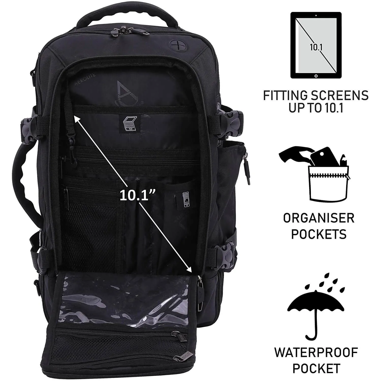 Aerolite (40x20x25cm) Ryanair Maximum Cabin Size Backpack/Rucksack with YKK Zippers, Built-in USB Charging Port, Black