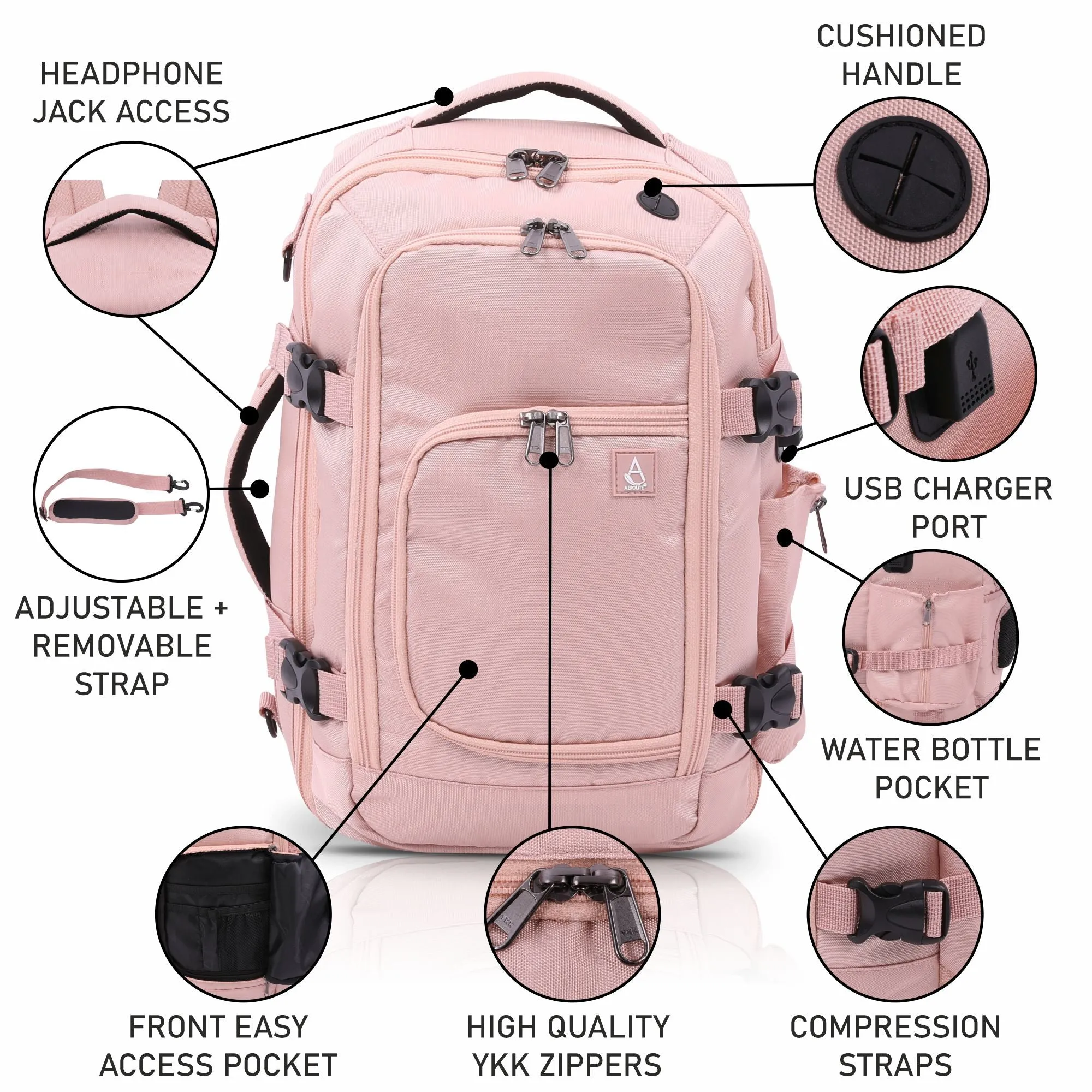 Aerolite (40x20x25cm) Ryanair Maximum Cabin Size Backpack/Rucksack with YKK Zippers, Built-in USB Charging Port, Black