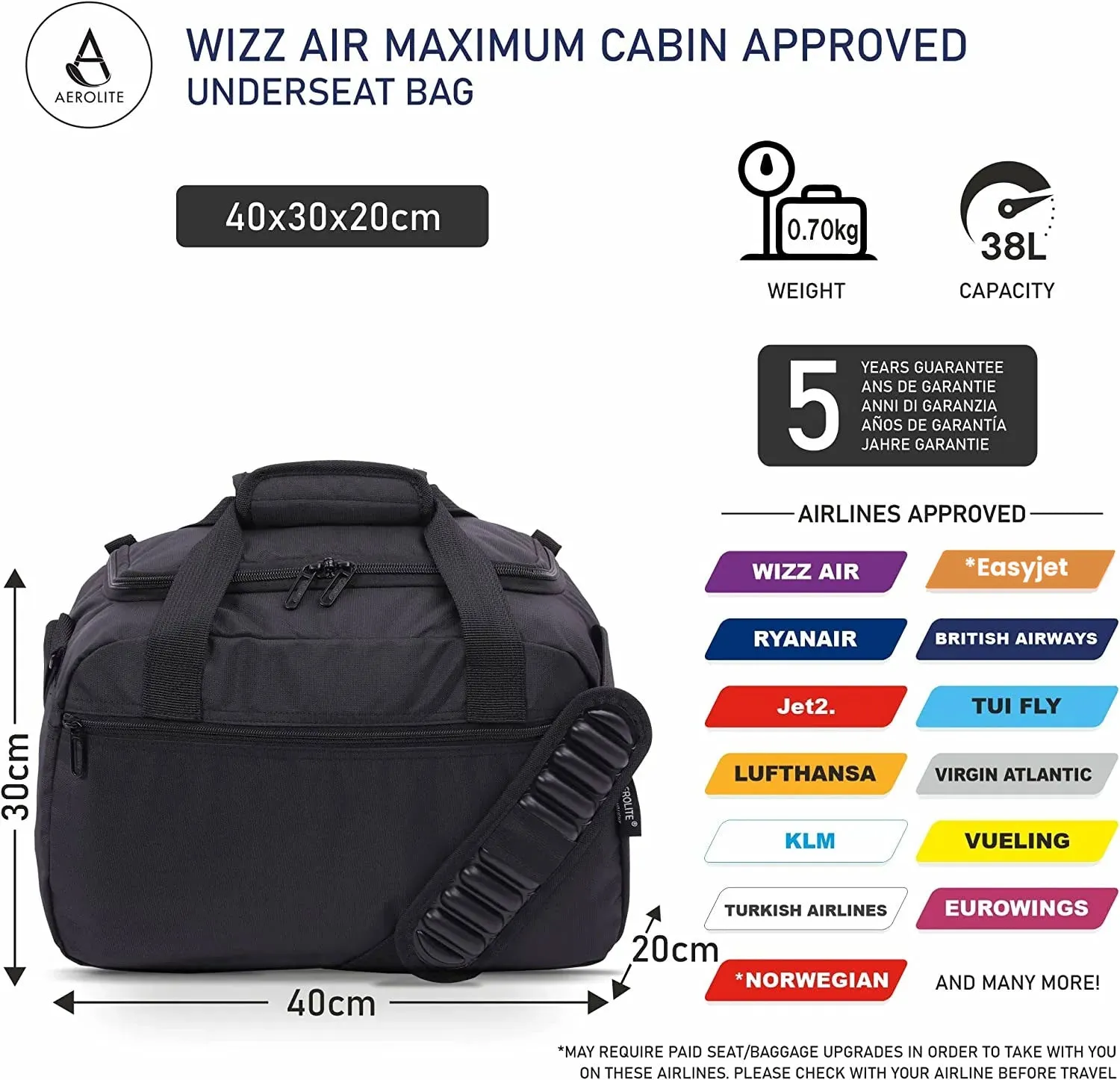 Aerolite 40x30x20 Wizz Air Maximum Size Cabin Bags with 5 Year Guarantee Foldable Carry On Premium Bag Holdall Small Lightweight Cabin Luggage Under seat Flight Travel Duffel Bag (Backpack   Holdall)