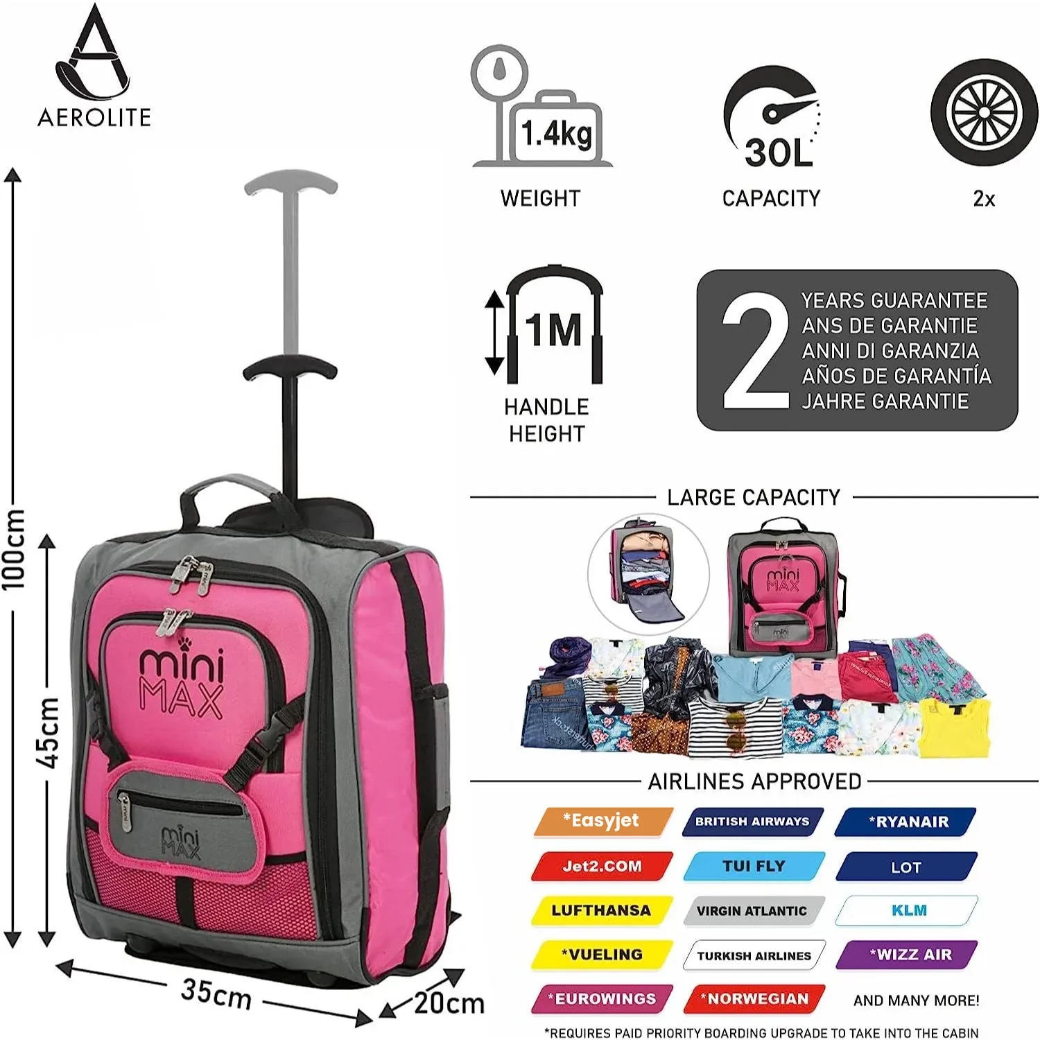 Aerolite MiniMAX (45x36x20cm) Easyjet Cabin Size Under Seat Carry On Suitcase with Backpack and Pouch, 2 Years Warranty