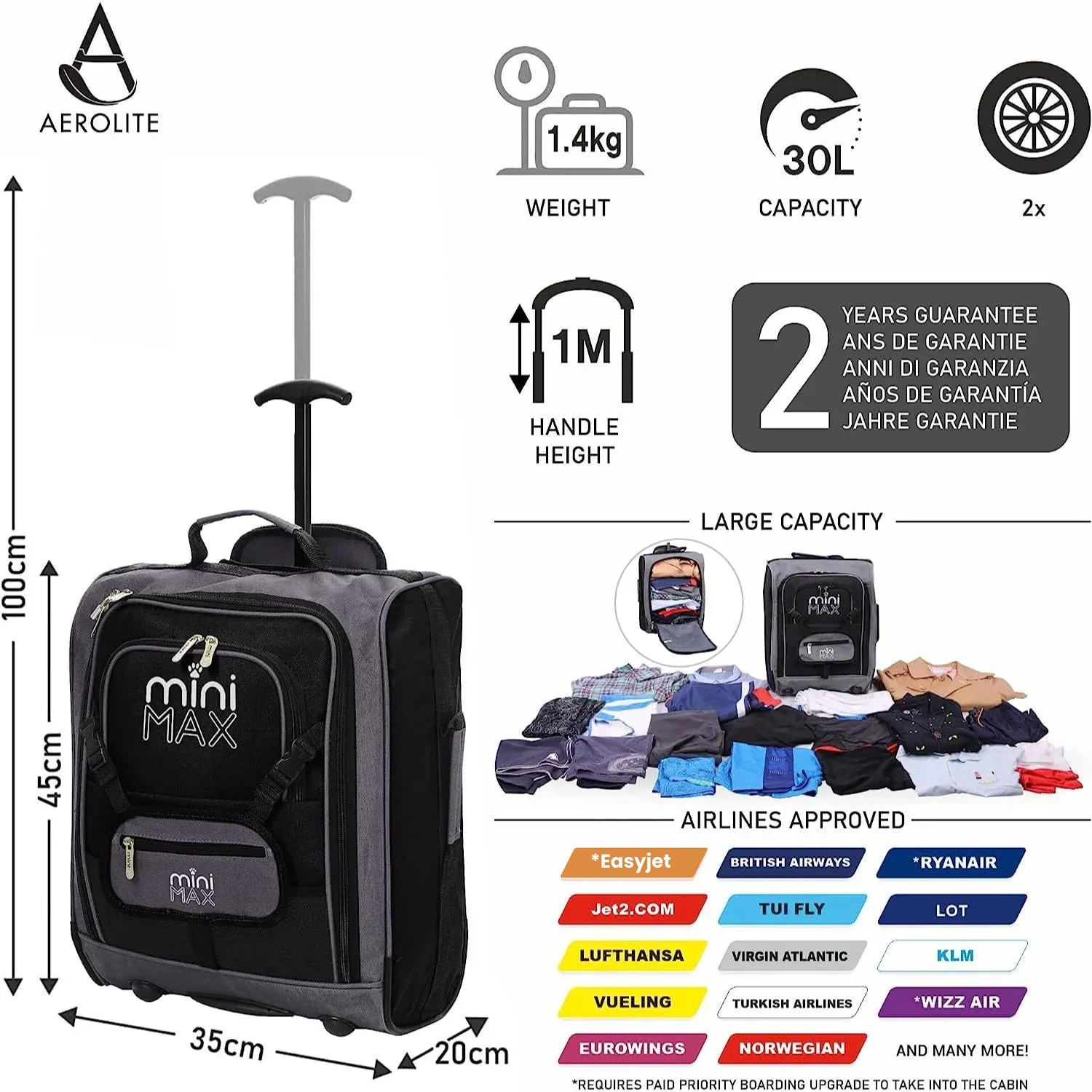 Aerolite MiniMAX (45x36x20cm) Easyjet Cabin Size Under Seat Carry On Suitcase with Backpack and Pouch, 2 Years Warranty