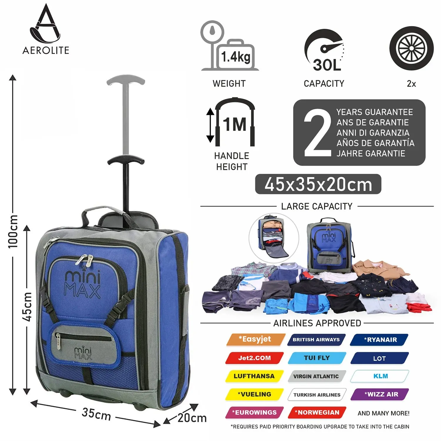 Aerolite MiniMAX (45x36x20cm) Easyjet Cabin Size Under Seat Carry On Suitcase with Backpack and Pouch, 2 Years Warranty