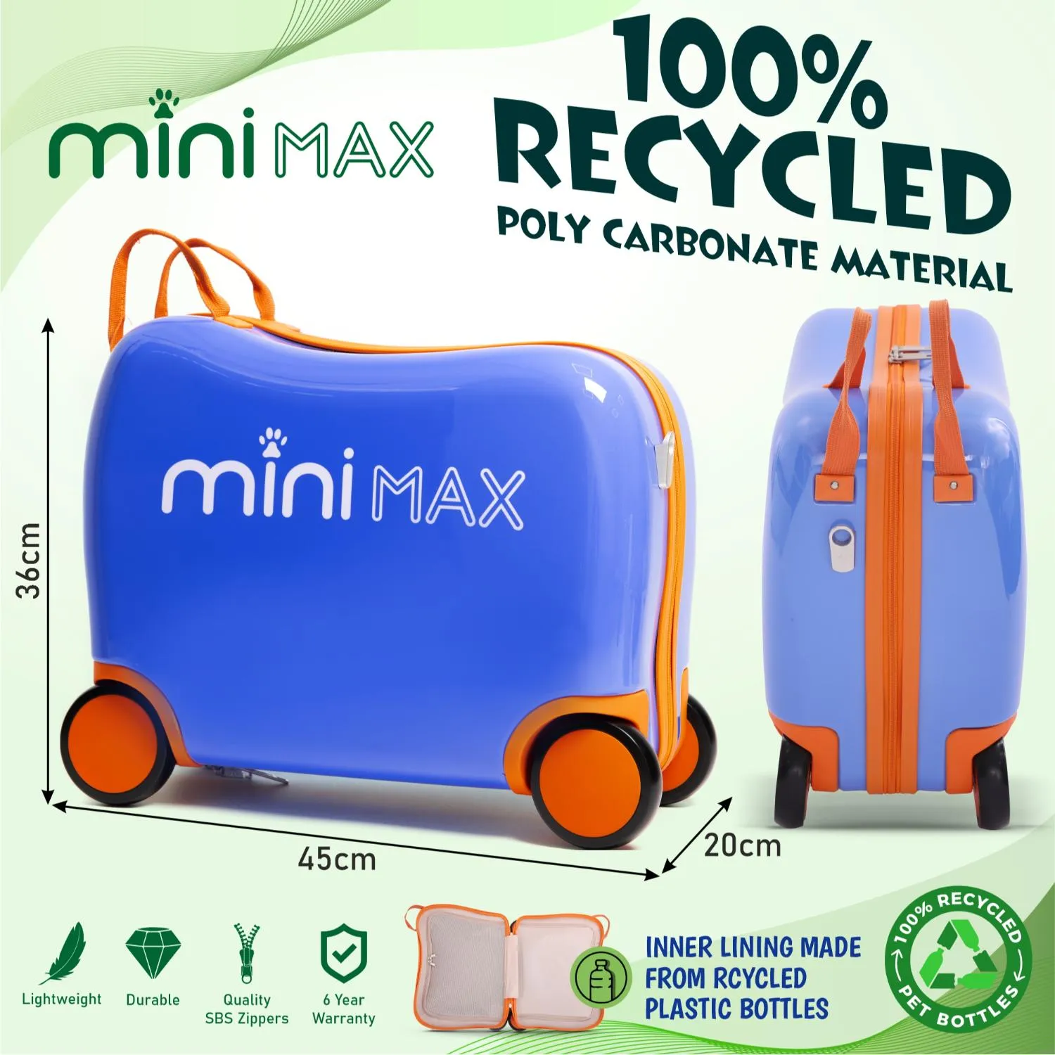 Aerolite MiniMax Childrens Ride-On Suitcase Fits 45x36x20cm Easyjet Maximum Size Kids Hand Luggage With Wheels 29L, Free Neck Pillow, Travel Bag & Stickers (Blue)