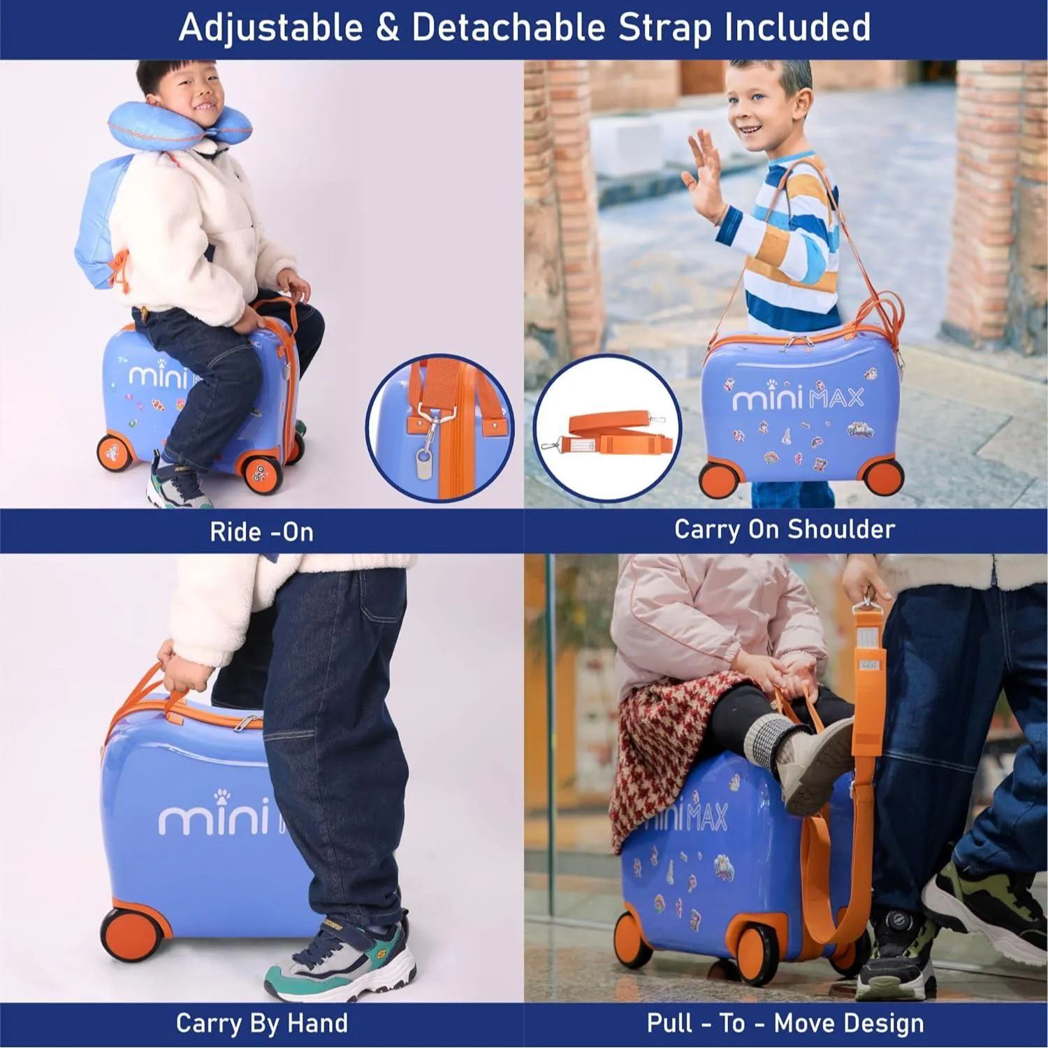 Aerolite MiniMax Childrens Ride-On Suitcase Fits 45x36x20cm Easyjet Maximum Size Kids Hand Luggage With Wheels 29L, Free Neck Pillow, Travel Bag & Stickers (Blue)