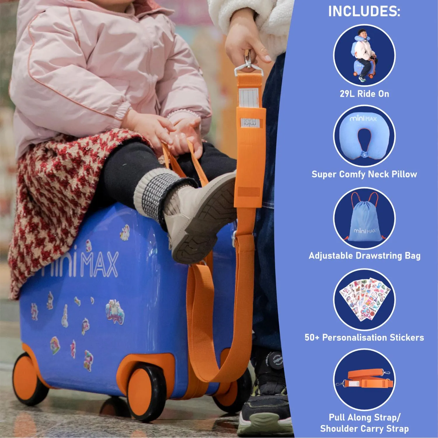 Aerolite MiniMax Childrens Ride-On Suitcase Fits 45x36x20cm Easyjet Maximum Size Kids Hand Luggage With Wheels 29L, Free Neck Pillow, Travel Bag & Stickers (Blue)