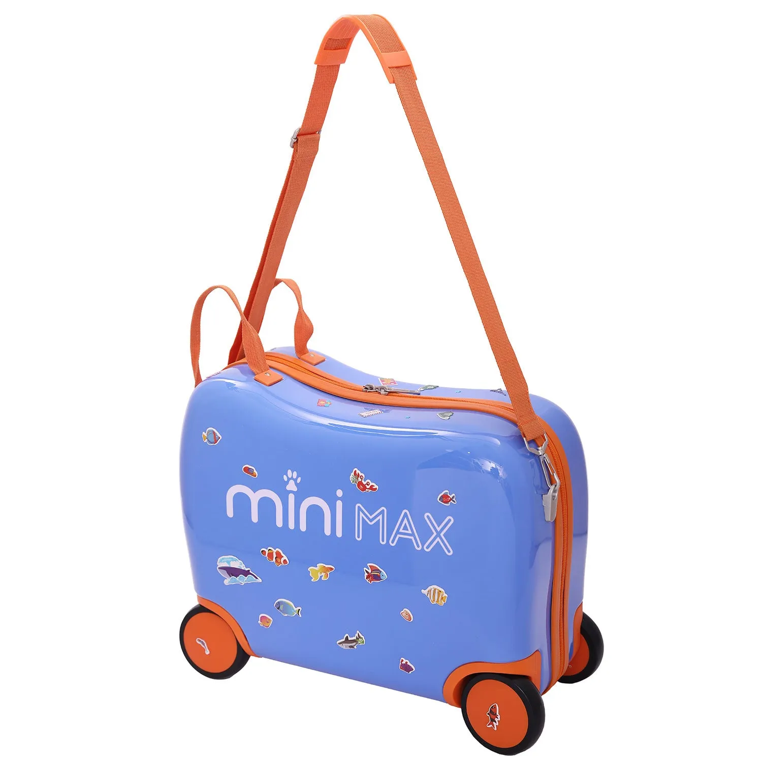 Aerolite MiniMax Childrens Ride-On Suitcase Fits 45x36x20cm Easyjet Maximum Size Kids Hand Luggage With Wheels 29L, Free Neck Pillow, Travel Bag & Stickers (Blue)