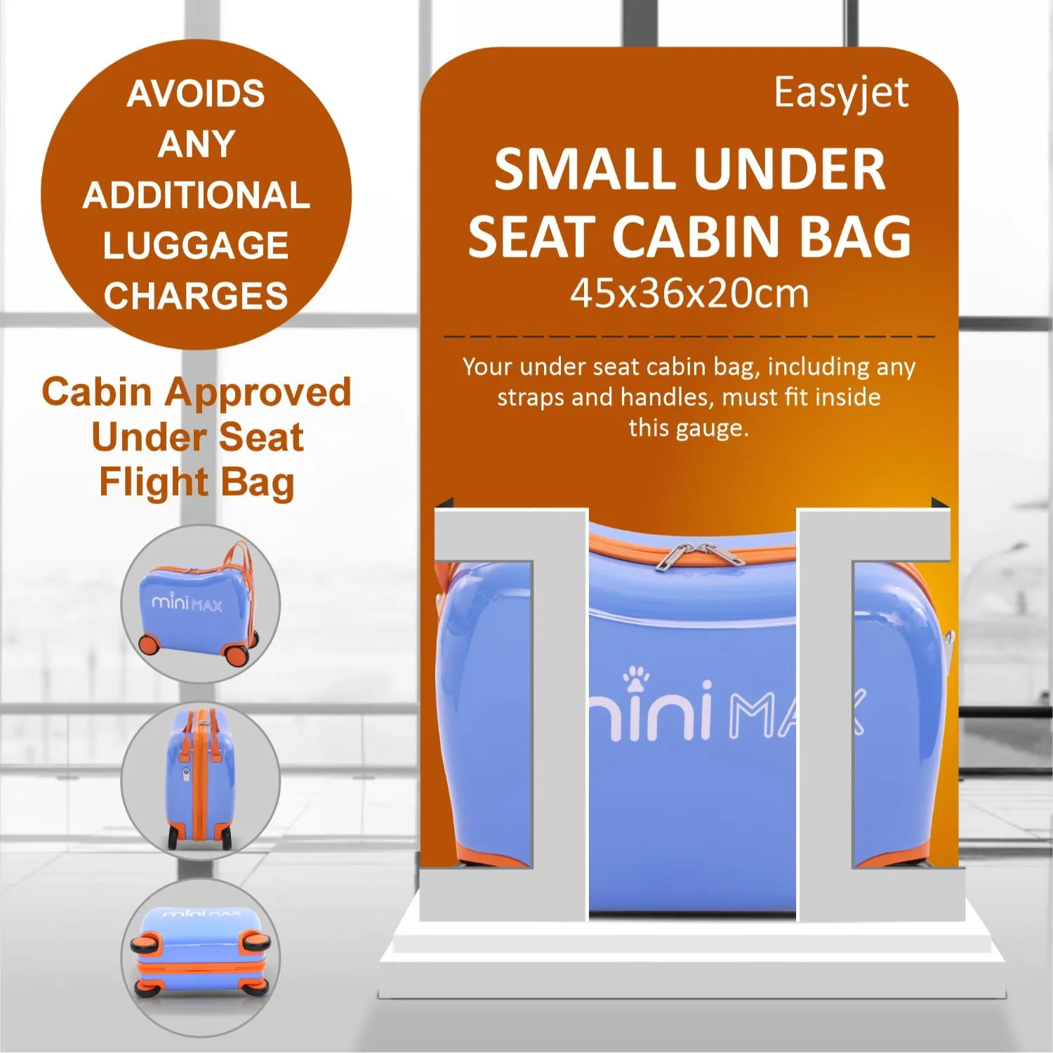 Aerolite MiniMax Childrens Ride-On Suitcase Fits 45x36x20cm Easyjet Maximum Size Kids Hand Luggage With Wheels 29L, Free Neck Pillow, Travel Bag & Stickers (Blue)
