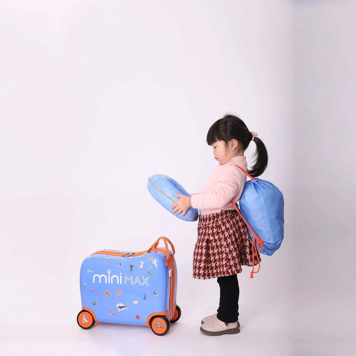 Aerolite MiniMax Childrens Ride-On Suitcase Fits 45x36x20cm Easyjet Maximum Size Kids Hand Luggage With Wheels 29L, Free Neck Pillow, Travel Bag & Stickers (Blue)
