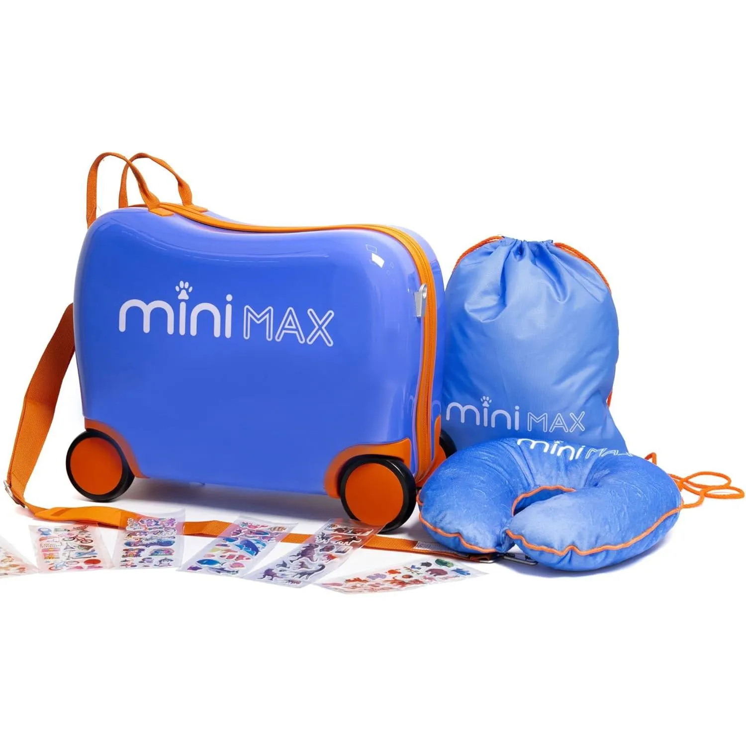Aerolite MiniMax Childrens Ride-On Suitcase Fits 45x36x20cm Easyjet Maximum Size Kids Hand Luggage With Wheels 29L, Free Neck Pillow, Travel Bag & Stickers (Blue)