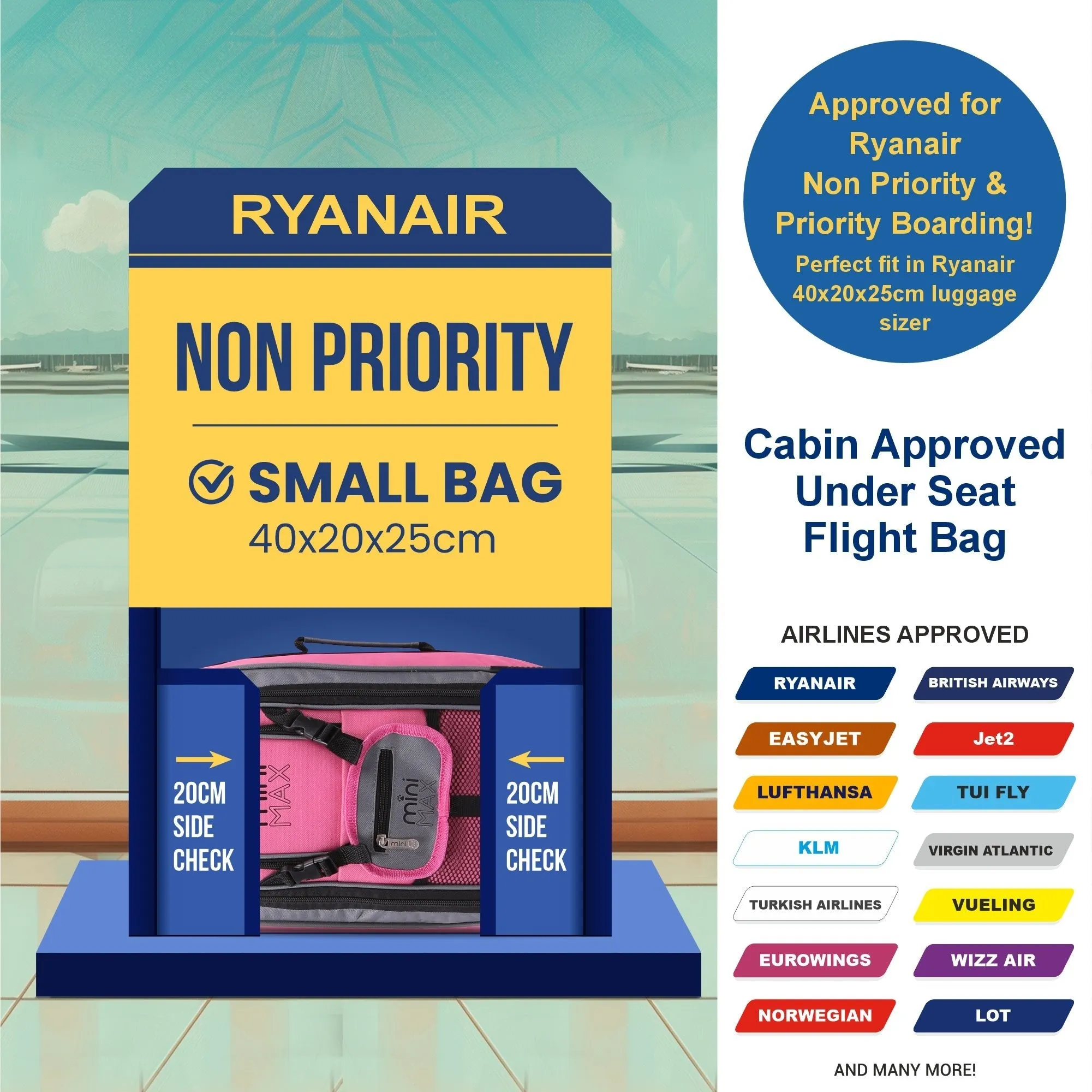 Aerolite MiniMax Ryanair Maximum 40x20x25cm Size Cabin Hand Luggage, 20L Under Seat Trolley Backpack With Wheels, 2 Year Warranty
