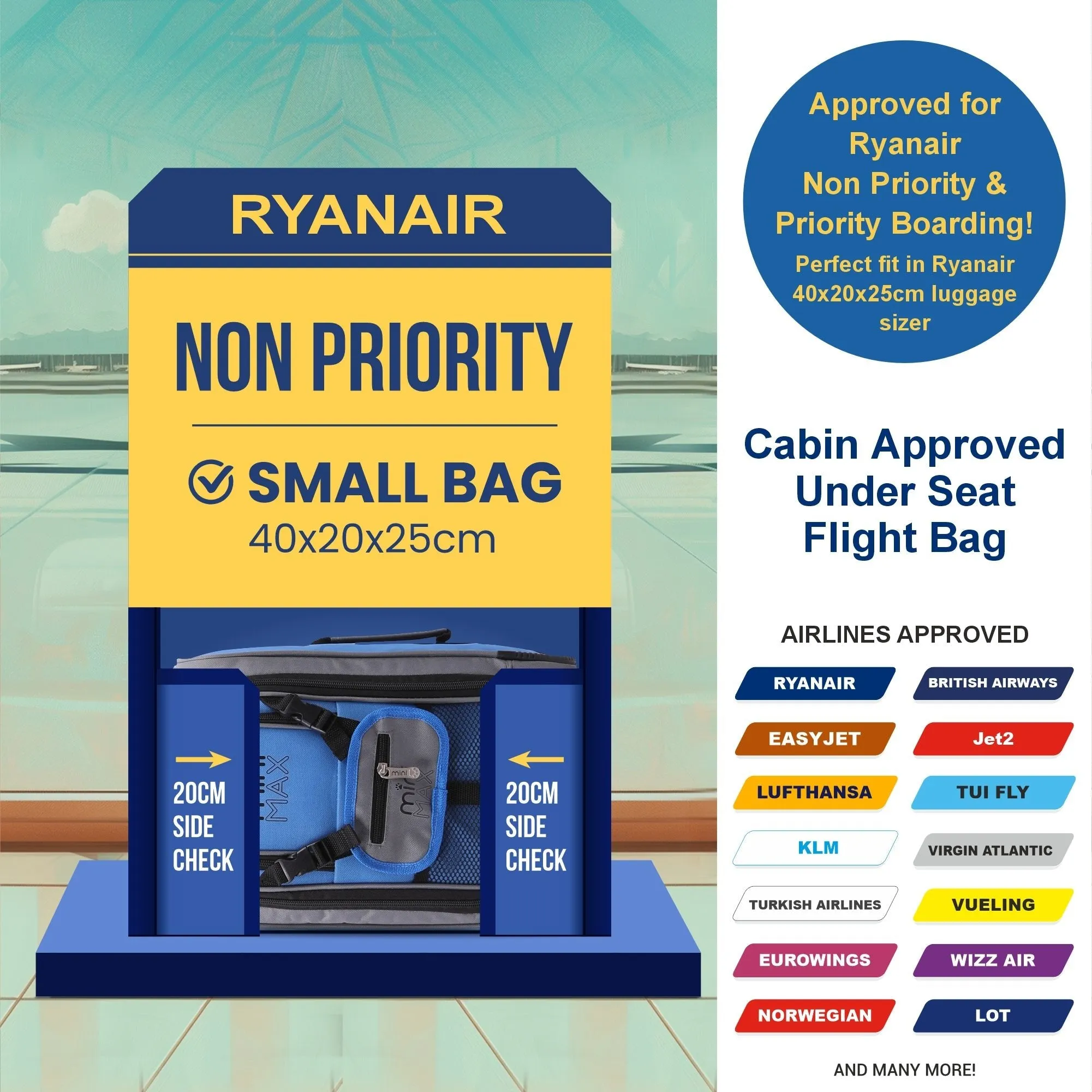 Aerolite MiniMax Ryanair Maximum 40x20x25cm Size Cabin Hand Luggage, 20L Under Seat Trolley Backpack With Wheels, 2 Year Warranty