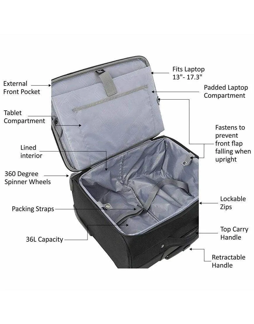 Aerolite Rolling Padded Laptop Case With 4 Wheels - Fits up to 15.6", Overnight Trolley Business Hand Cabin Luggage Case Easyjet Plus/Flexi/Up Front/Extra Legroom, British Airways & Jet2 Approved Black