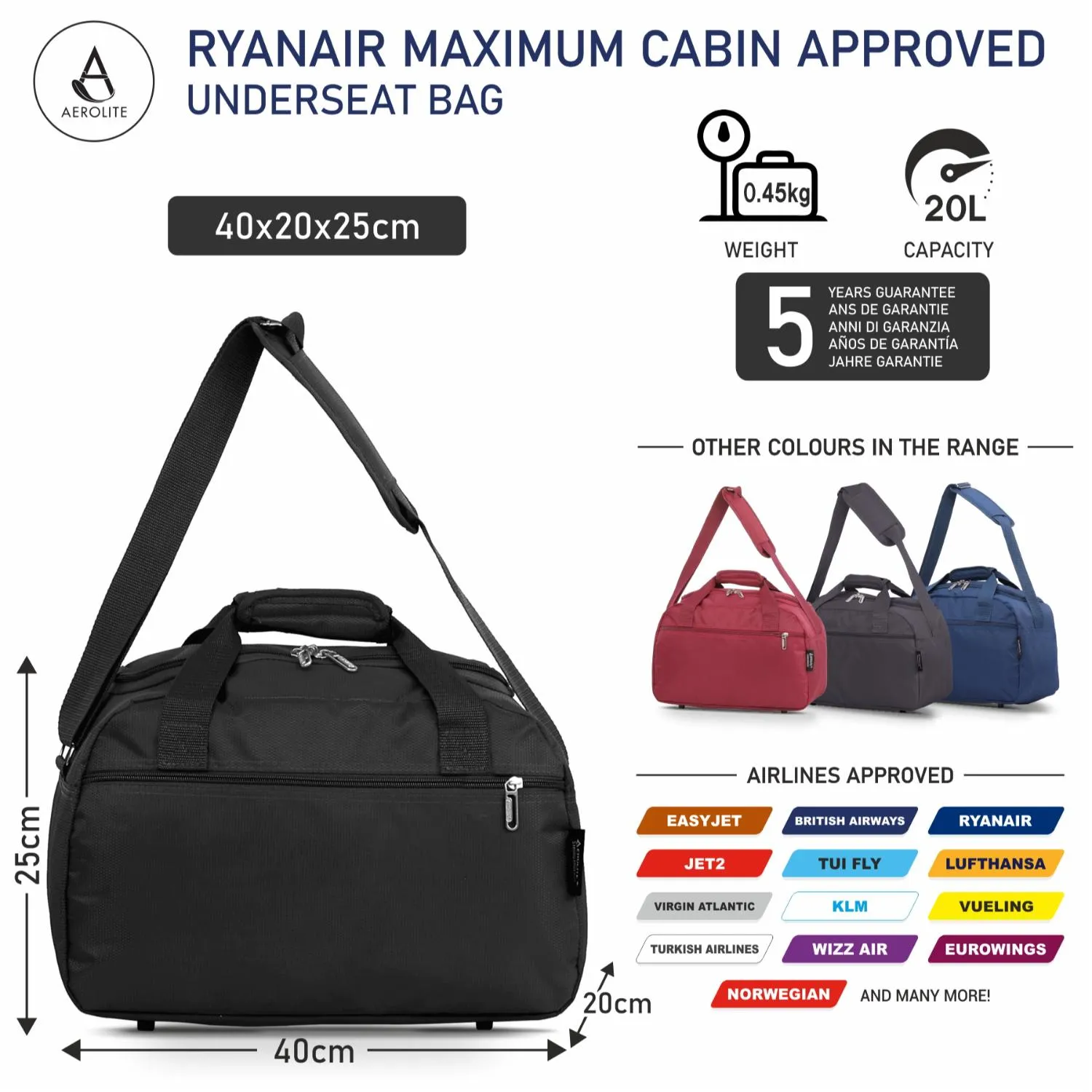 Aerolite Ryanair Priority Boarding Cabin Lightweight 2 Piece Carry On Hand Cabin Luggage Set Bundle - 55x35x20cm Suitcase   40x20x25cm Holdall