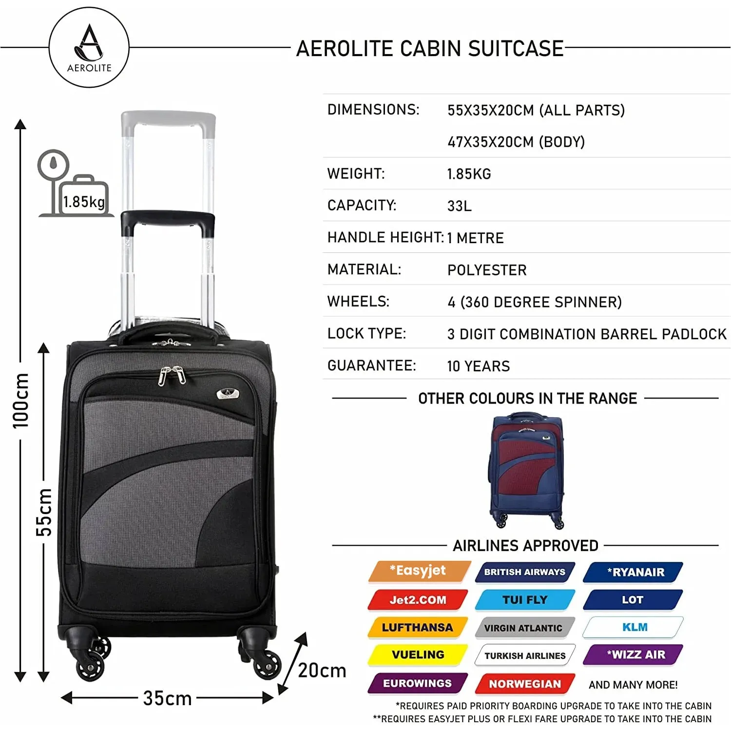 Aerolite Ryanair Priority Boarding Cabin Lightweight 2 Piece Carry On Hand Cabin Luggage Set Bundle - 55x35x20cm Suitcase   40x20x25cm Holdall