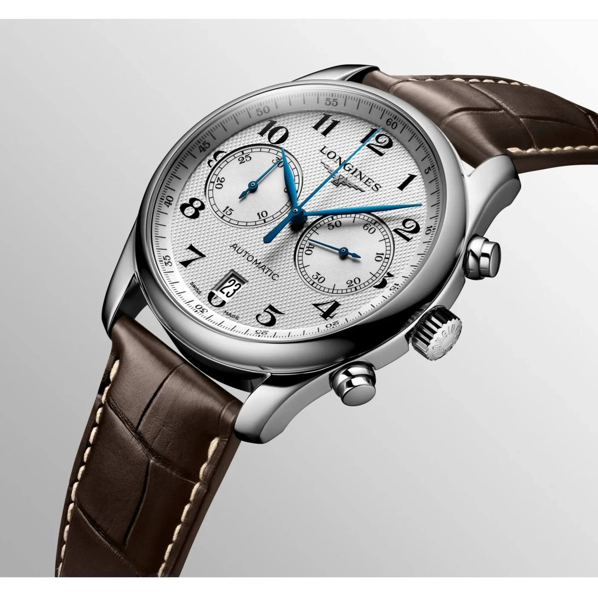 Longines Men's Watch - Master Chronograph Silver Dial Brown Leather Strap | L26294783