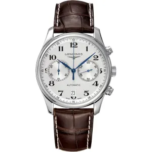 Longines Men's Watch - Master Chronograph Silver Dial Brown Leather Strap | L26294783