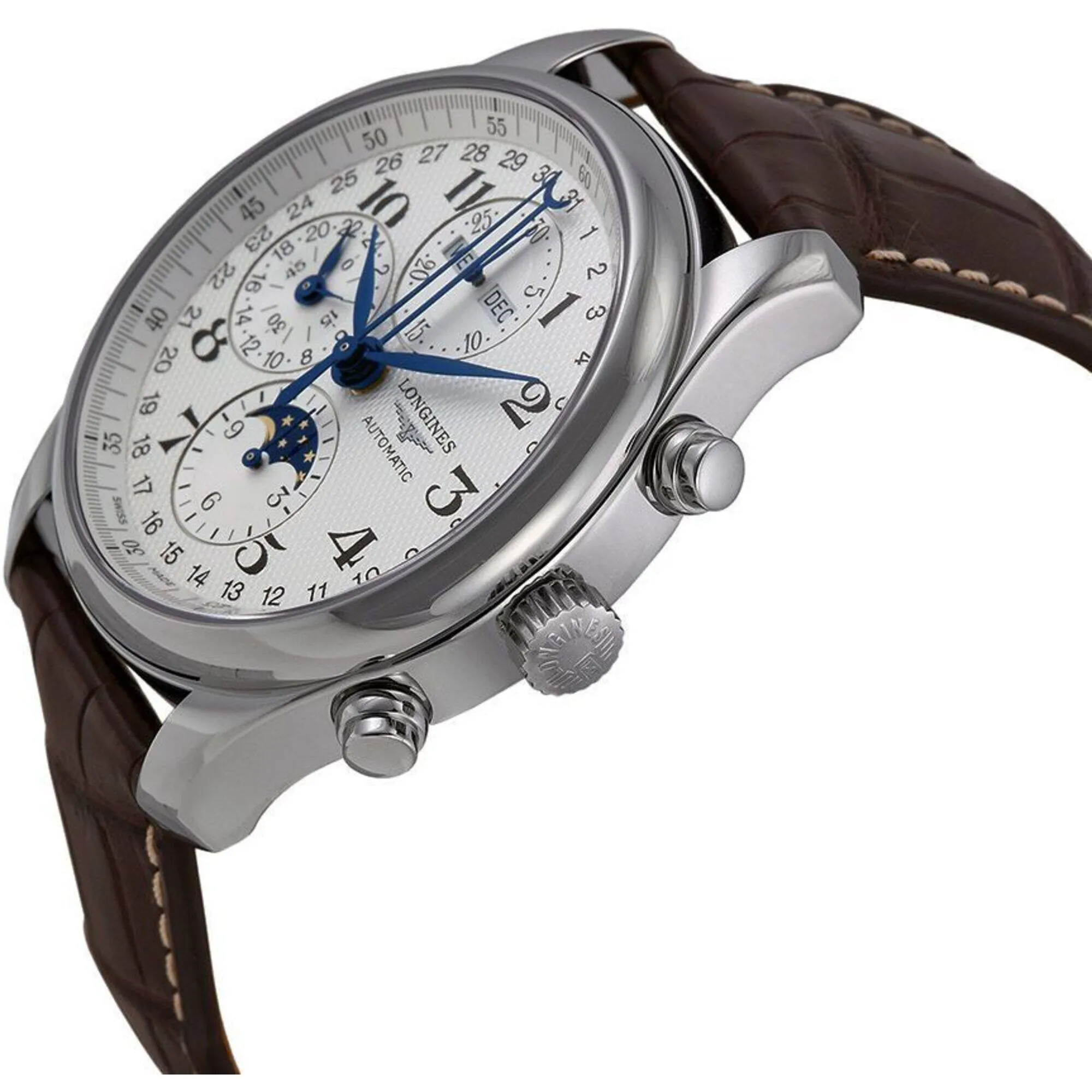 Longines Men's Watch - Master Moon Phase Silver Dial Brown Leather Strap | L27734783