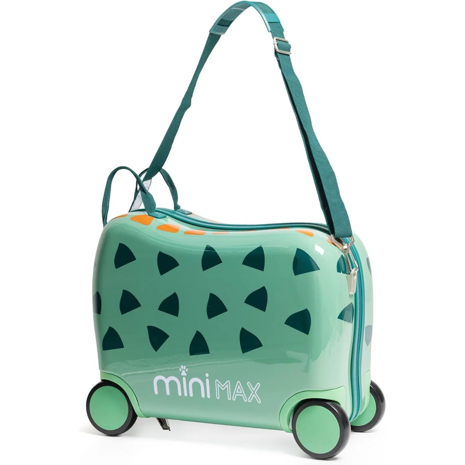 MiniMax 45x36x20cm 29L Kids Ride-On Suitcase 4PCS Set Inc Drawstring Bag, Neck Pillow & 50  Personalisation Stickers, Easyjet Max Size Childrens Rolling Hand Cabin Luggage 45x36x20 Green Dinosaur