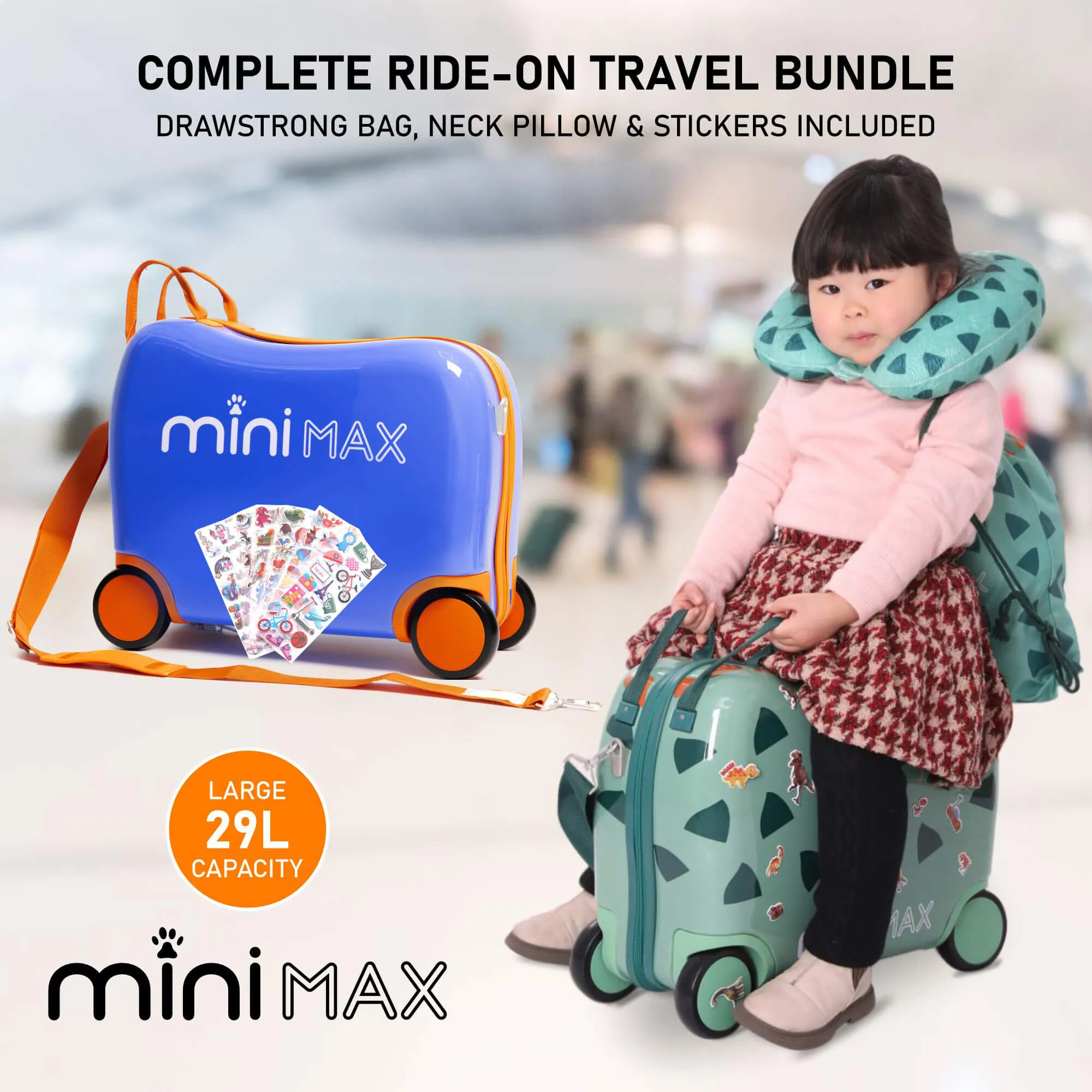 MiniMax 45x36x20cm 29L Kids Ride-On Suitcase 4PCS Set Inc Drawstring Bag, Neck Pillow & 50  Personalisation Stickers, Easyjet Max Size Childrens Rolling Hand Cabin Luggage 45x36x20 Green Dinosaur