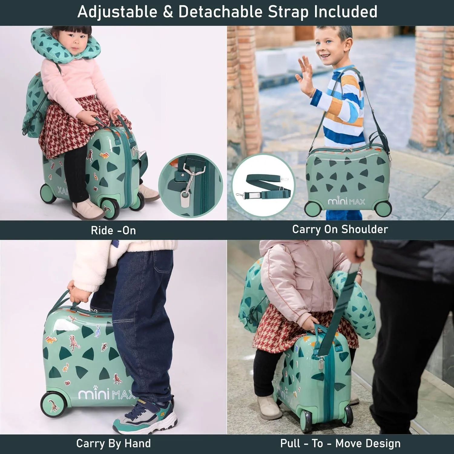 MiniMax 45x36x20cm 29L Kids Ride-On Suitcase 4PCS Set Inc Drawstring Bag, Neck Pillow & 50  Personalisation Stickers, Easyjet Max Size Childrens Rolling Hand Cabin Luggage 45x36x20 Green Dinosaur