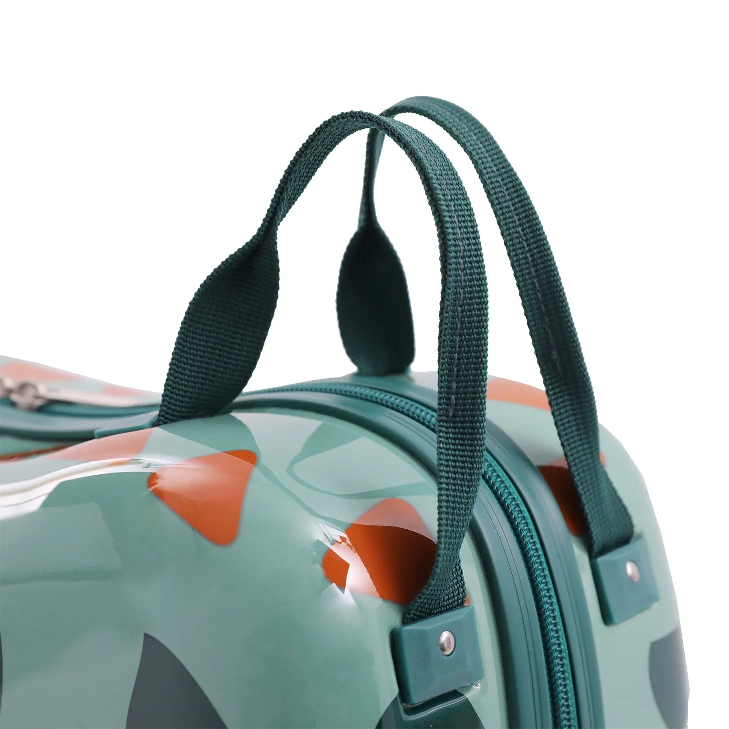 MiniMax 45x36x20cm 29L Kids Ride-On Suitcase 4PCS Set Inc Drawstring Bag, Neck Pillow & 50  Personalisation Stickers, Easyjet Max Size Childrens Rolling Hand Cabin Luggage 45x36x20 Green Dinosaur