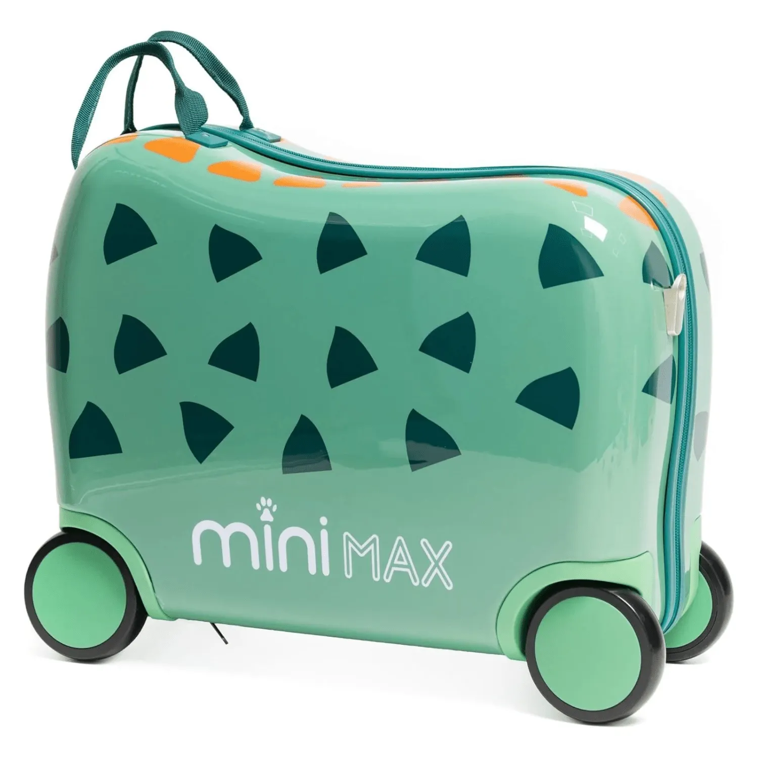 MiniMax 45x36x20cm 29L Kids Ride-On Suitcase 4PCS Set Inc Drawstring Bag, Neck Pillow & 50  Personalisation Stickers, Easyjet Max Size Childrens Rolling Hand Cabin Luggage 45x36x20 Green Dinosaur