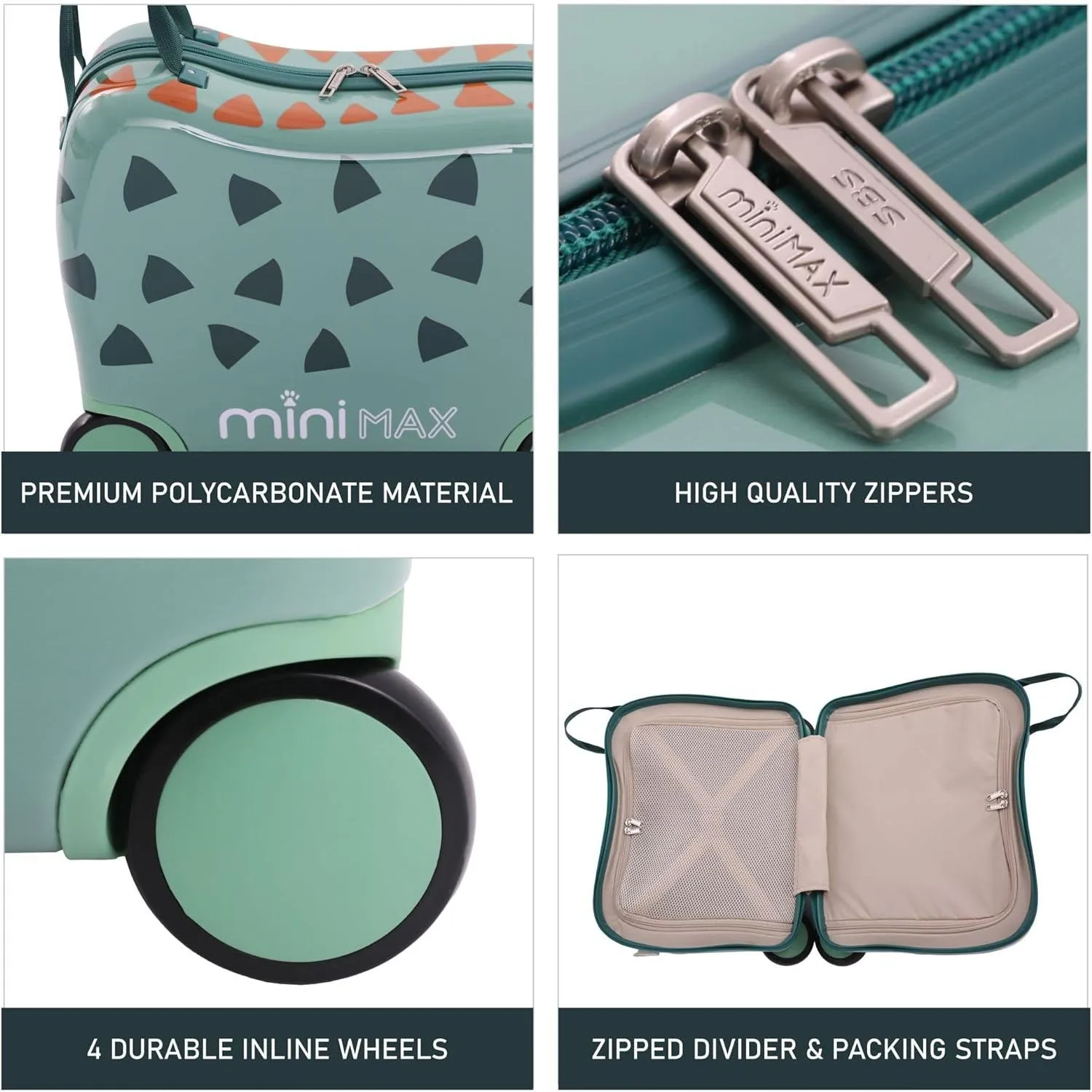 MiniMax 45x36x20cm 29L Kids Ride-On Suitcase 4PCS Set Inc Drawstring Bag, Neck Pillow & 50  Personalisation Stickers, Easyjet Max Size Childrens Rolling Hand Cabin Luggage 45x36x20 Green Dinosaur