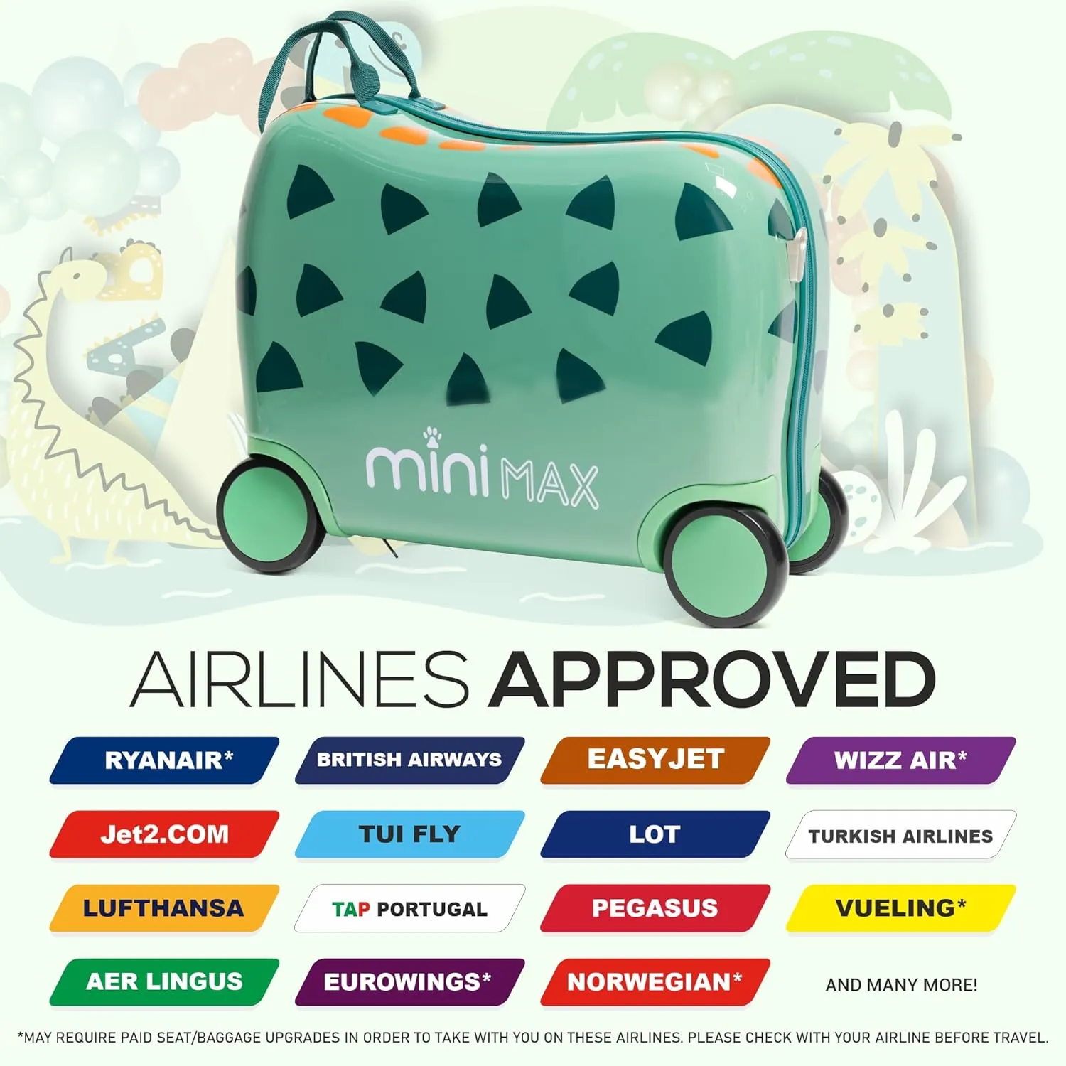 MiniMax 45x36x20cm 29L Kids Ride-On Suitcase 4PCS Set Inc Drawstring Bag, Neck Pillow & 50  Personalisation Stickers, Easyjet Max Size Childrens Rolling Hand Cabin Luggage 45x36x20 Green Dinosaur