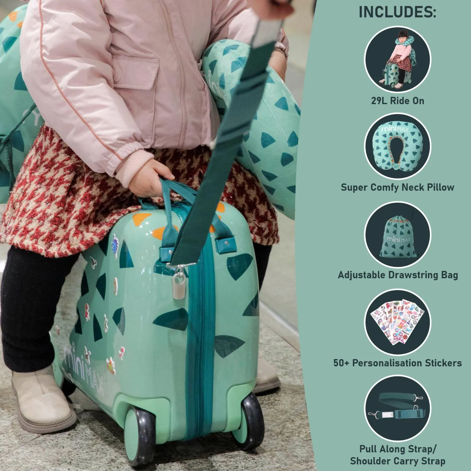 MiniMax 45x36x20cm 29L Kids Ride-On Suitcase 4PCS Set Inc Drawstring Bag, Neck Pillow & 50  Personalisation Stickers, Easyjet Max Size Childrens Rolling Hand Cabin Luggage 45x36x20 Green Dinosaur