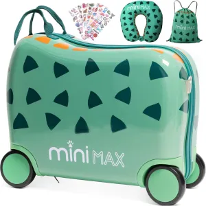 MiniMax 45x36x20cm 29L Kids Ride-On Suitcase 4PCS Set Inc Drawstring Bag, Neck Pillow & 50  Personalisation Stickers, Easyjet Max Size Childrens Rolling Hand Cabin Luggage 45x36x20 Green Dinosaur