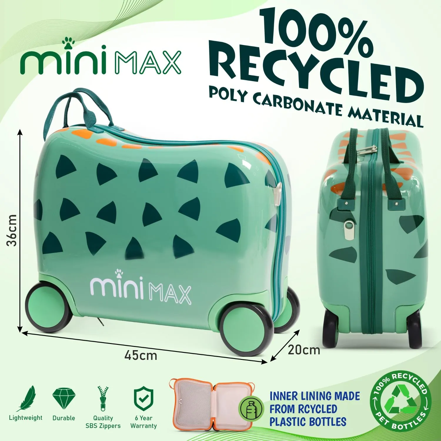 MiniMax 45x36x20cm 29L Kids Ride-On Suitcase 4PCS Set Inc Drawstring Bag, Neck Pillow & 50  Personalisation Stickers, Easyjet Max Size Childrens Rolling Hand Cabin Luggage 45x36x20 Green Dinosaur