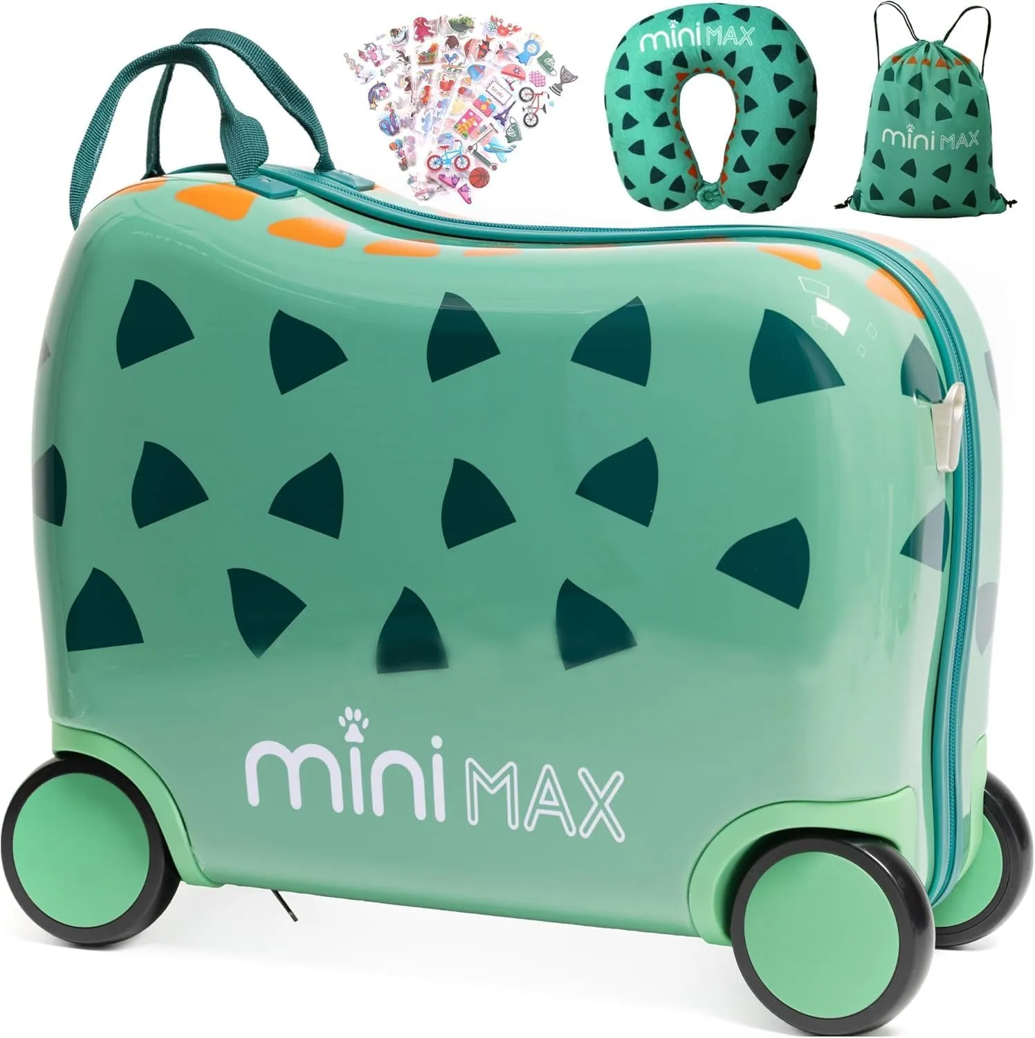 MiniMax 45x36x20cm 29L Kids Ride-On Suitcase 4PCS Set Inc Drawstring Bag, Neck Pillow & 50  Personalisation Stickers, Easyjet Max Size Childrens Rolling Hand Cabin Luggage 45x36x20 Green Dinosaur