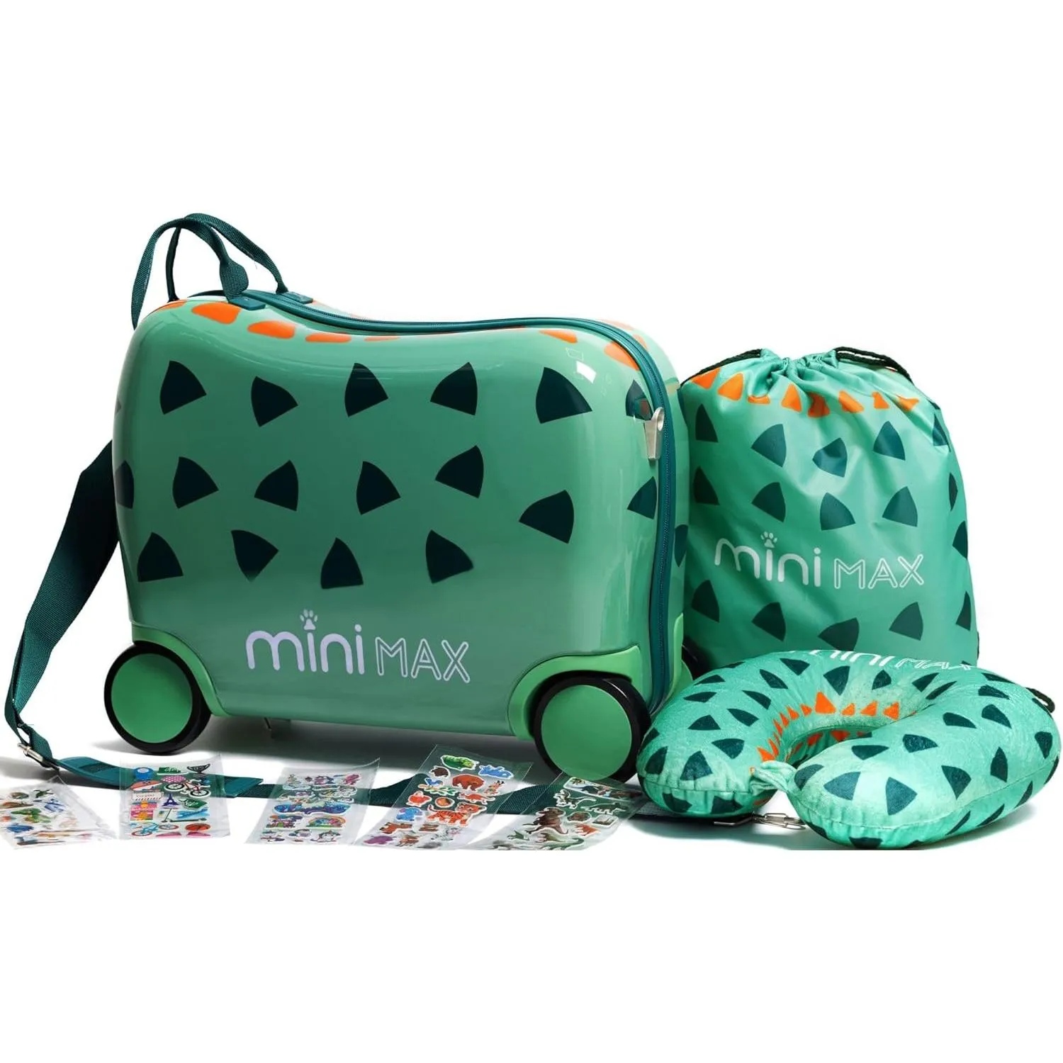 MiniMax 45x36x20cm 29L Kids Ride-On Suitcase 4PCS Set Inc Drawstring Bag, Neck Pillow & 50  Personalisation Stickers, Easyjet Max Size Childrens Rolling Hand Cabin Luggage 45x36x20 Green Dinosaur