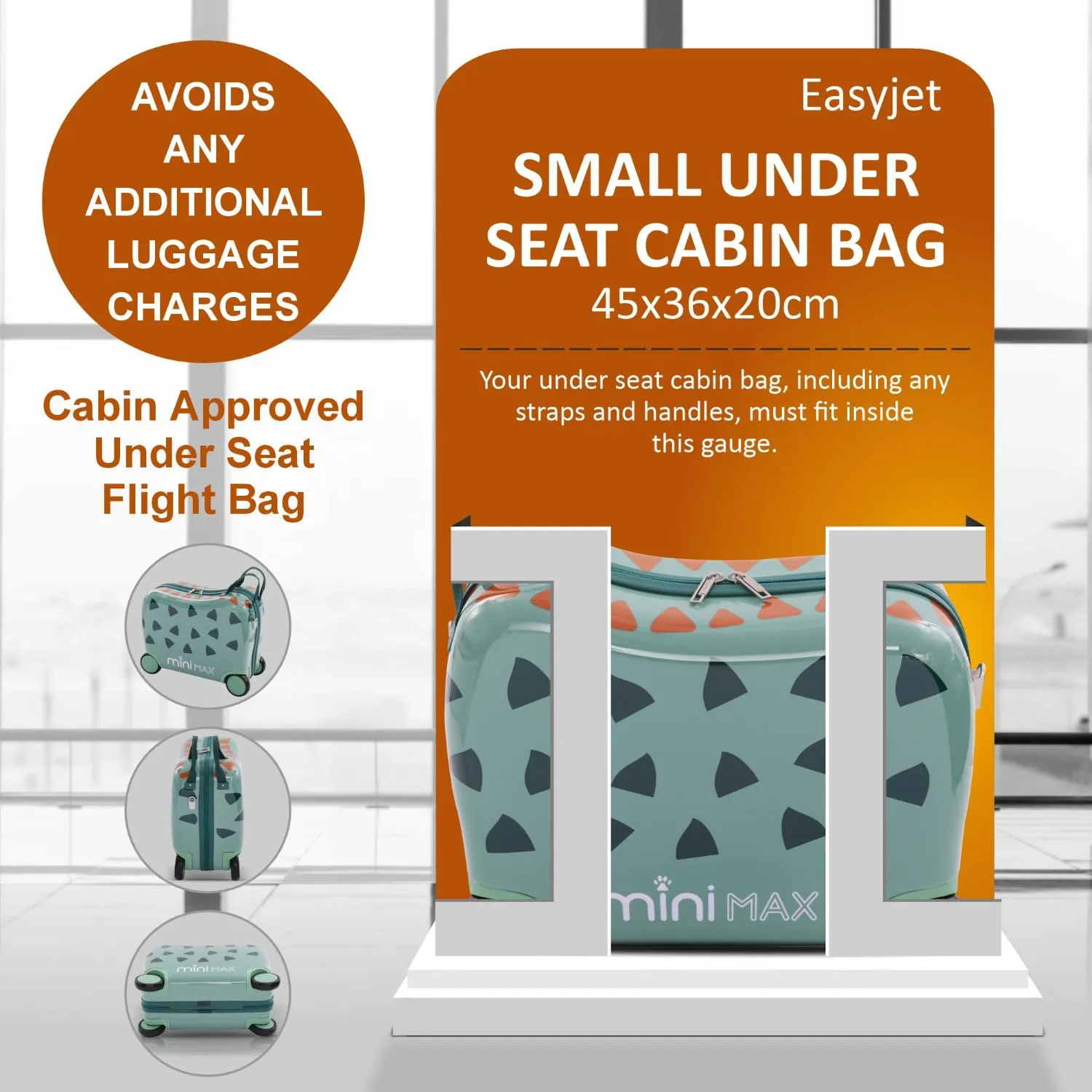 MiniMax 45x36x20cm 29L Kids Ride-On Suitcase 4PCS Set Inc Drawstring Bag, Neck Pillow & 50  Personalisation Stickers, Easyjet Max Size Childrens Rolling Hand Cabin Luggage 45x36x20 Green Dinosaur